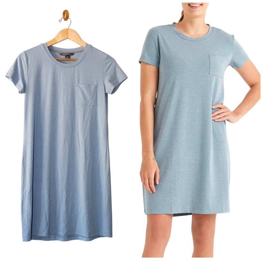 Free Fly Bamboo Flex Blue Mini Dress Pocket Size XS Short sleeves Pull over